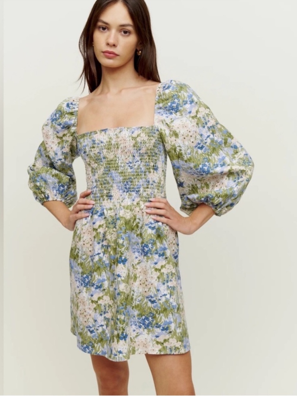 REFORMATION greyson linen mini dress hillside floral puff sleeve size L